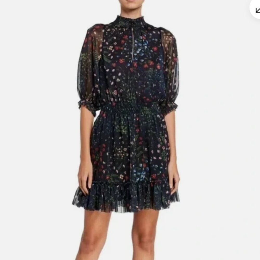 EUC JOIE Shima Floral High Neck Smocked Dress Midnight Navy Floral Size XS